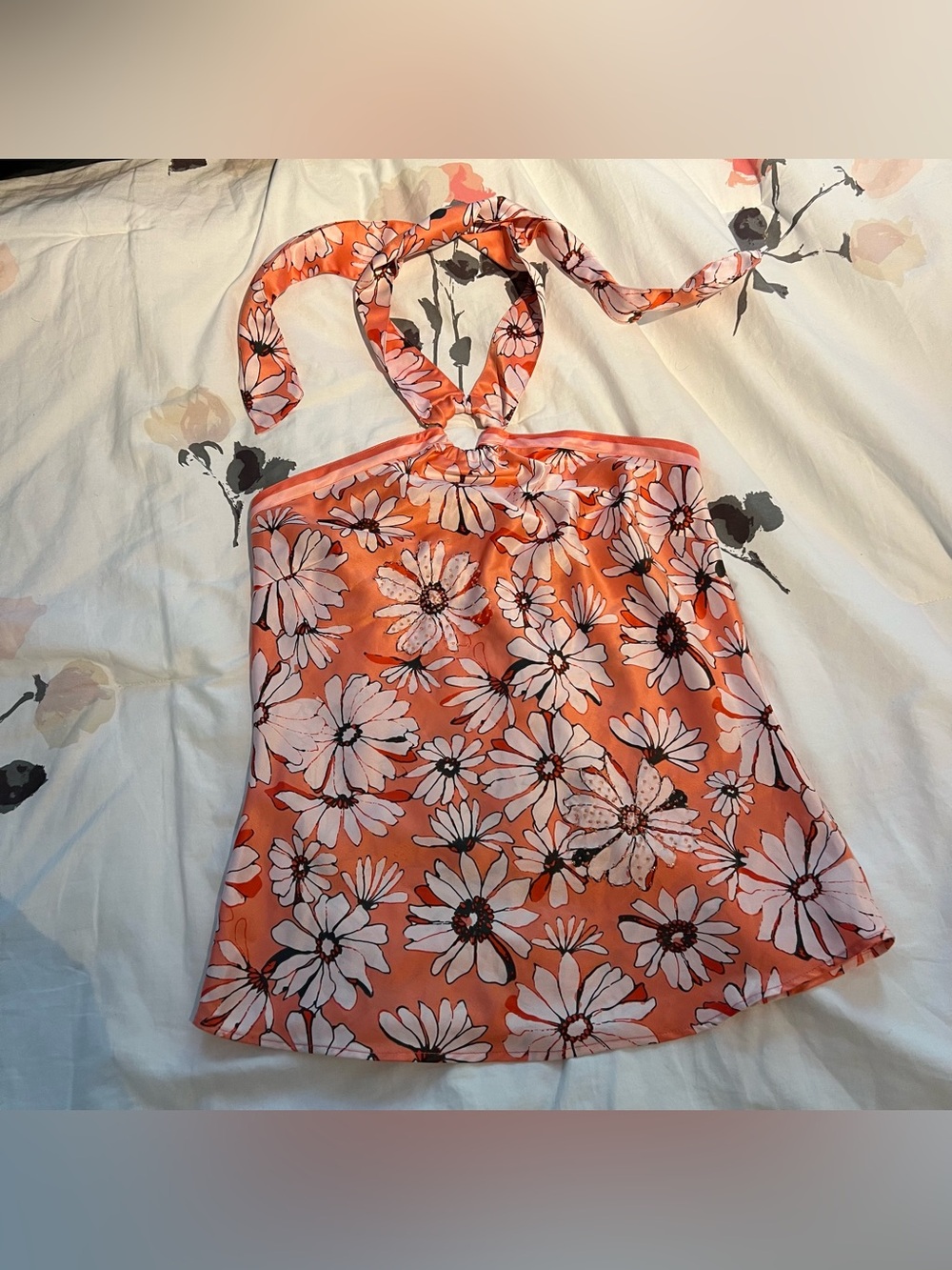 Vintage Esprit Orange Floral Silky Halter Camisole Tank Top with bead detail